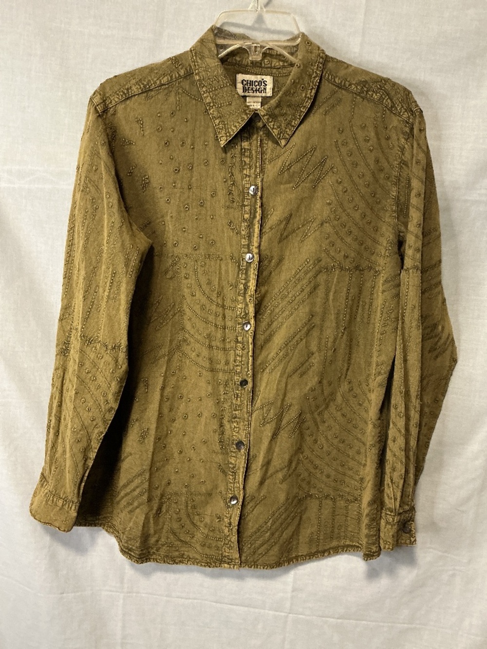 Chico’s Women’s Size 2 Cotton Top Blouse Shirt Sage Green Embroidered NWT